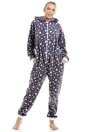 Camille Combinaison Pyjama pour Femme Polaire Douce Gris/imprimé étoiles Blanches