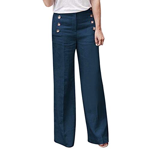 Shujin Femme Pantalon Jambe Large en Coton Lin Couleur Unie