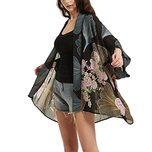Cache-bikini kimono en mousseline de soie transparente pour femme Imprimé