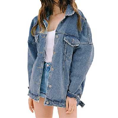 Minetom T-Shirt Femmes Retro Femmes Boyfriend Oversize en Vrac Veste Casual Denim Jeans Manteau Outwear D Bleu FR 38