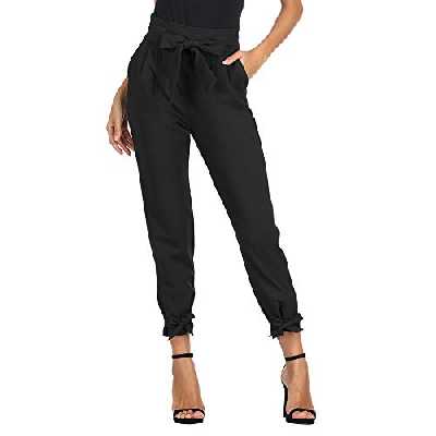 GRACE KARIN Pantalon Femme Casual Trouser élastique Crayon été avec Poches Taille Haute Bow-Knot Noir M CL903-1