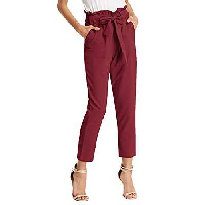 GRACE KARIN Femme Pantalon avec Poches Ceinture élastique Taille Haute Pants Casual Carotte Cigarette Crayon Bow Knot Vin Rouge XL CLAF1011-9 …